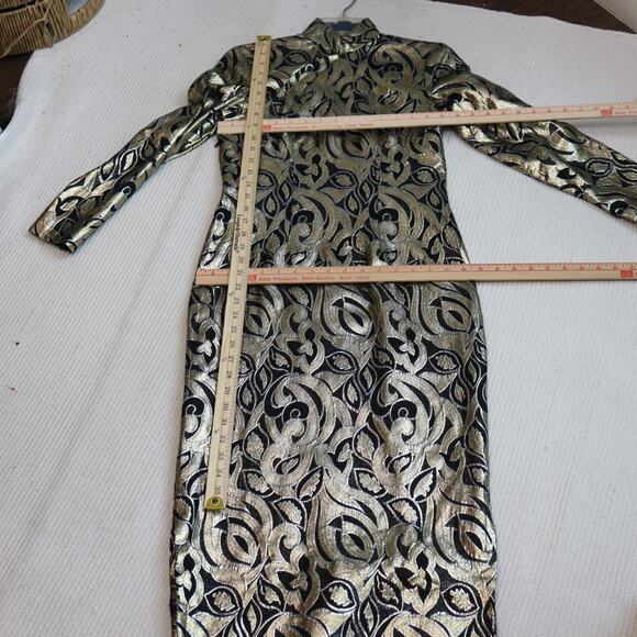 Vintage Handmade Gold & Black Lame Brocade Dress High Neck Long Sleeve Glam M/L - Picture 3 of 7